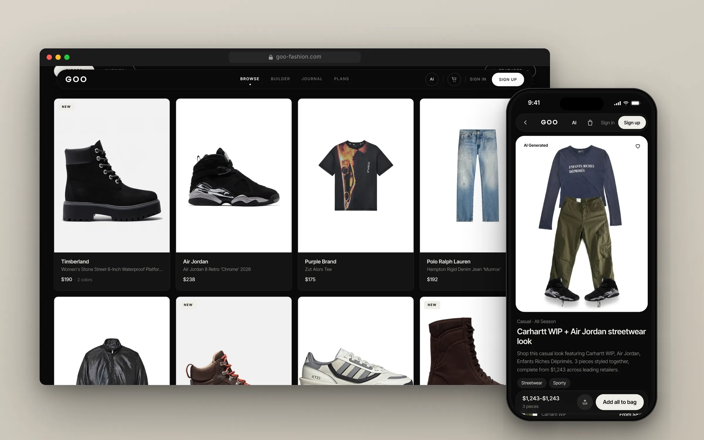 GOO catalogue on desktop and an outfit on a phone