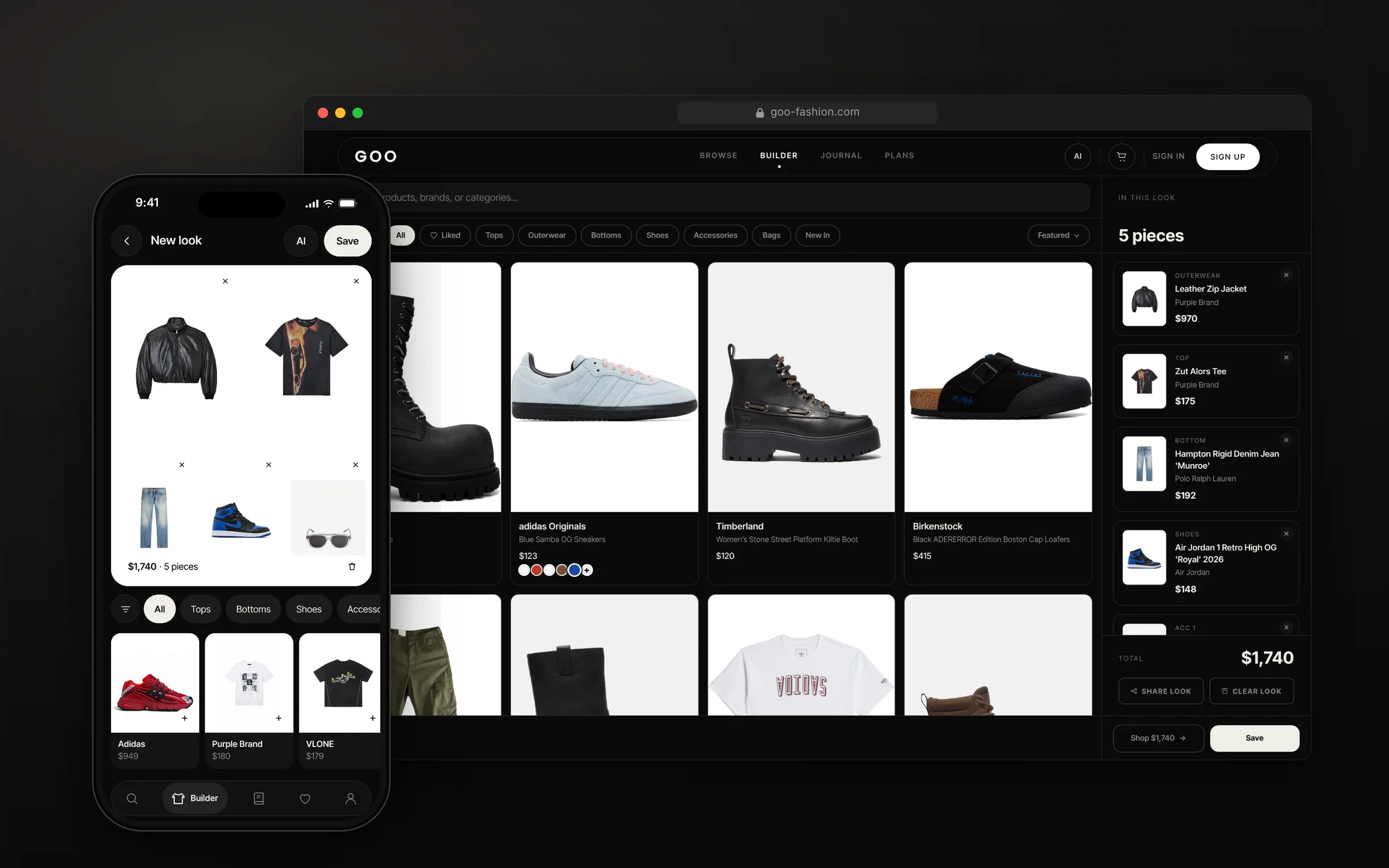The outfit builder on desktop and phone