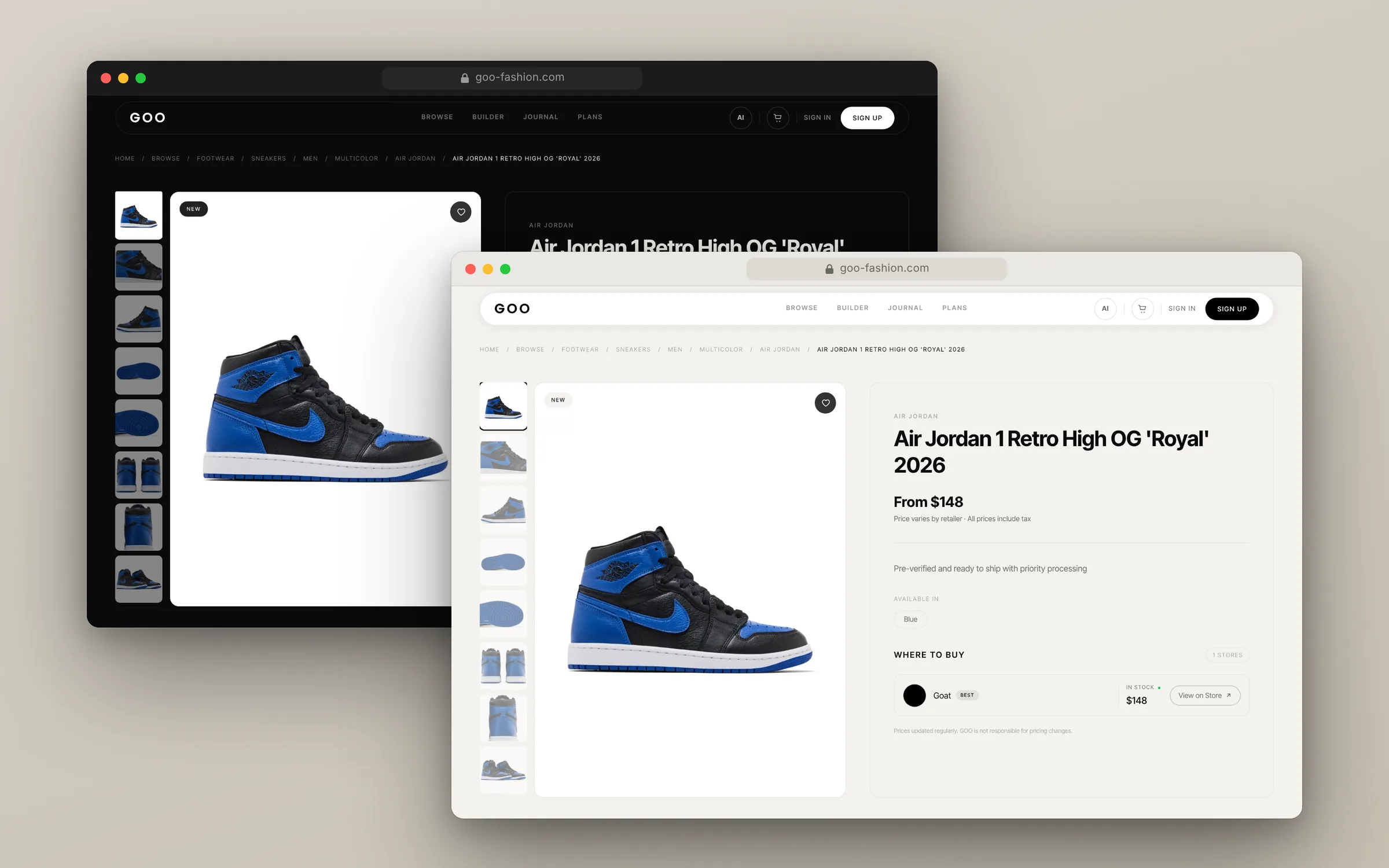 A product page in the dark and light themes