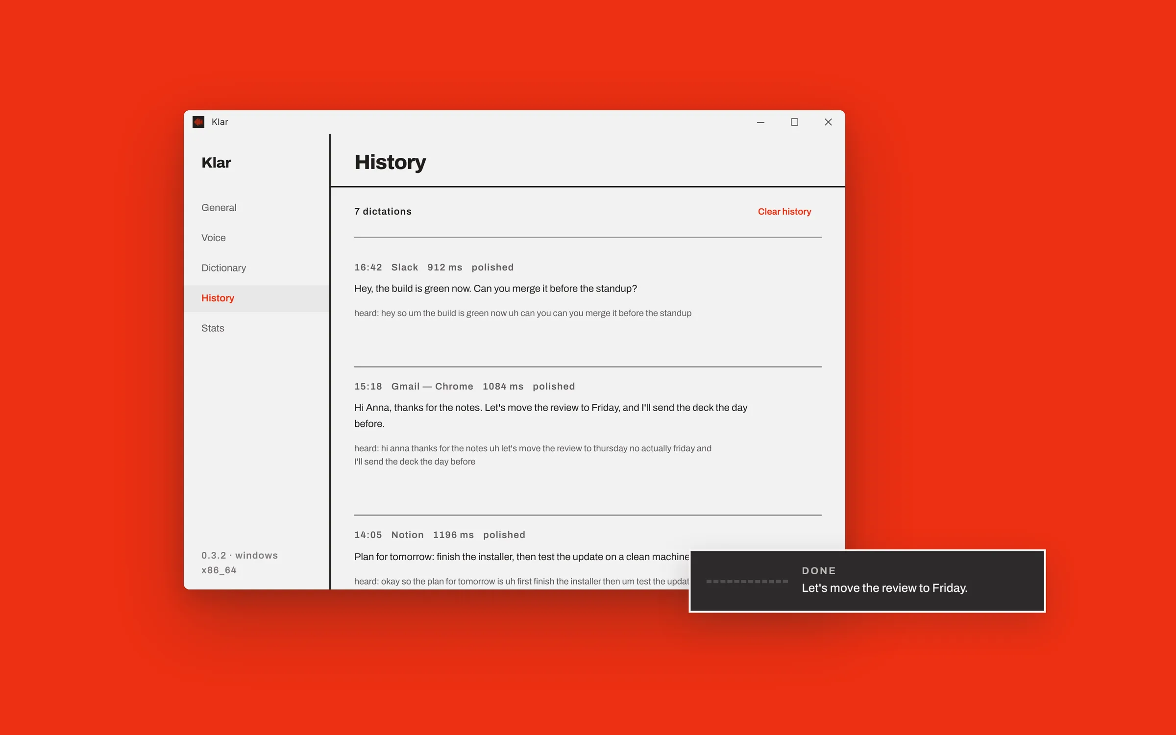 Klar's dictation history window with the overlay confirming a finished dictation