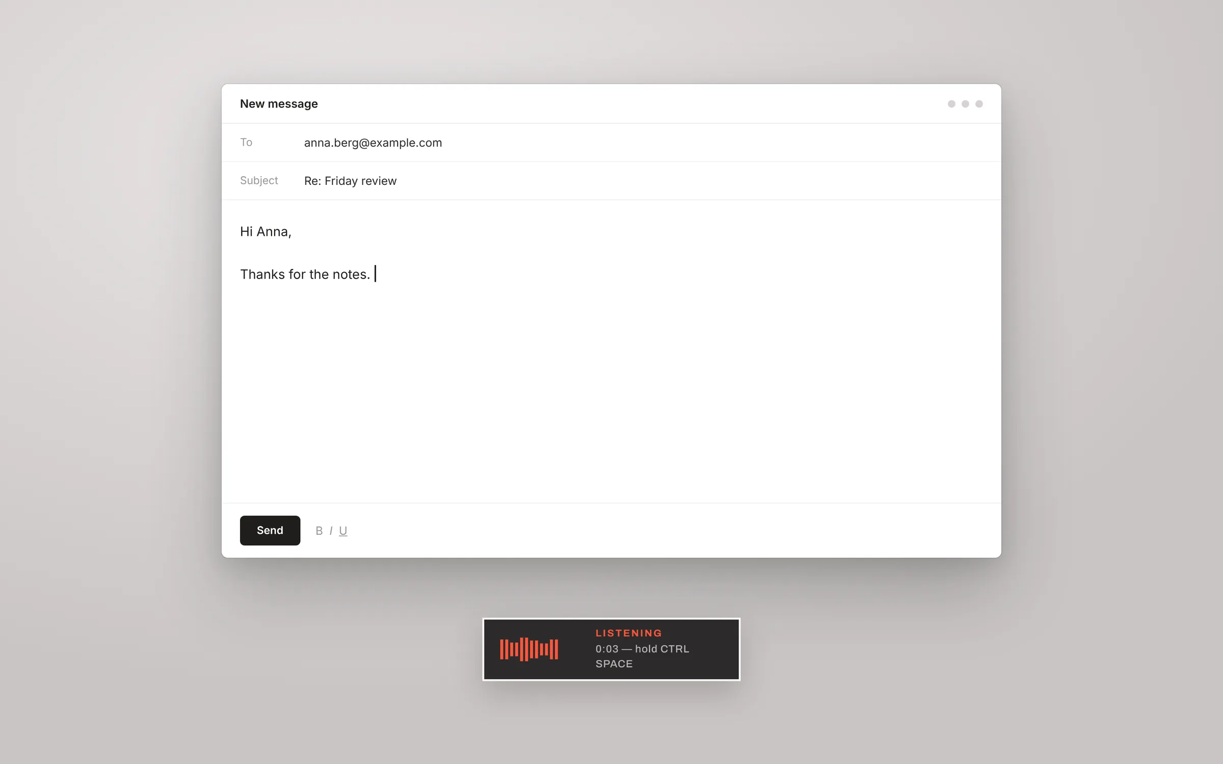 Writing an email in Klar: the overlay listens while the user speaks