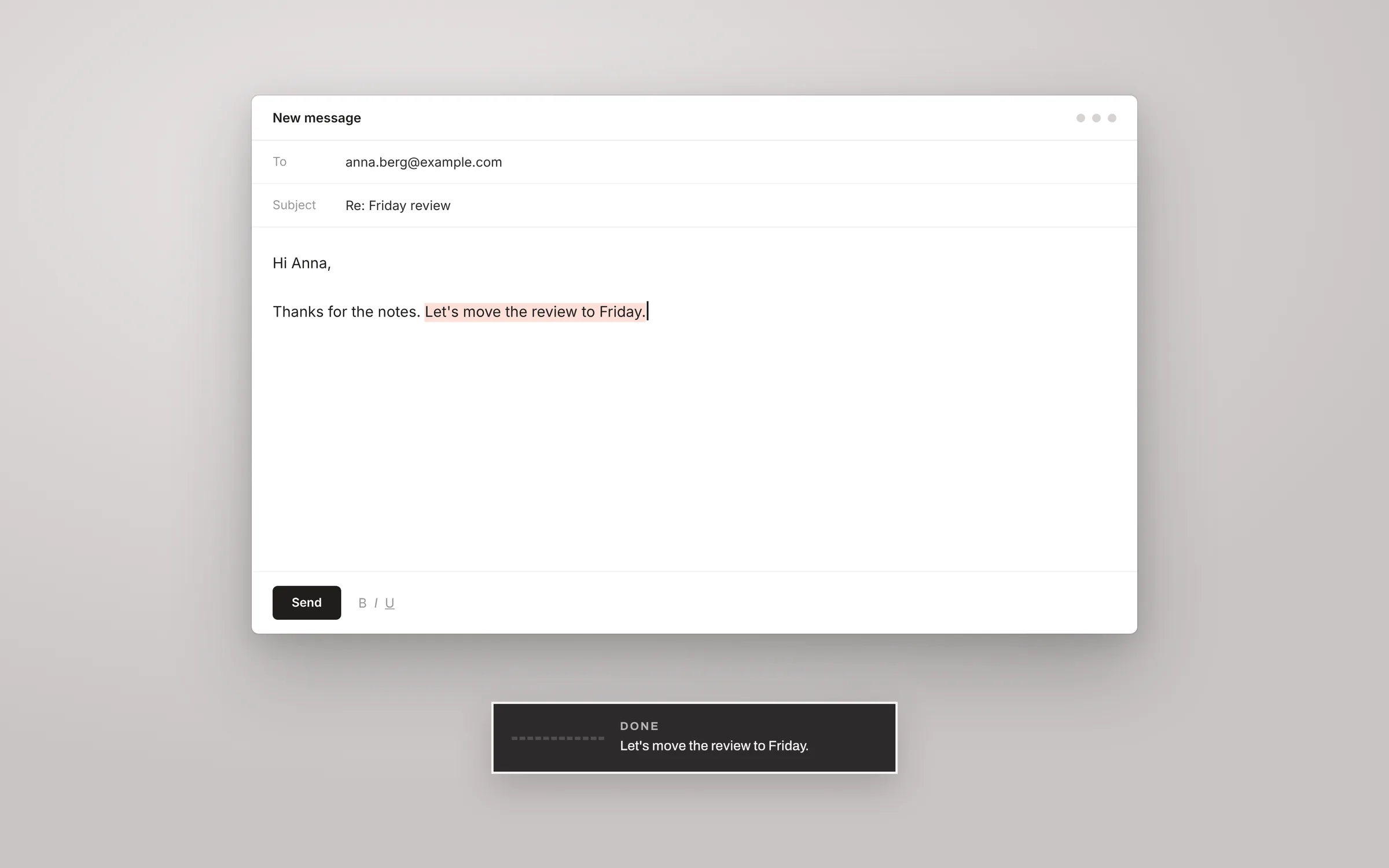 The same email with the polished sentence typed in by Klar