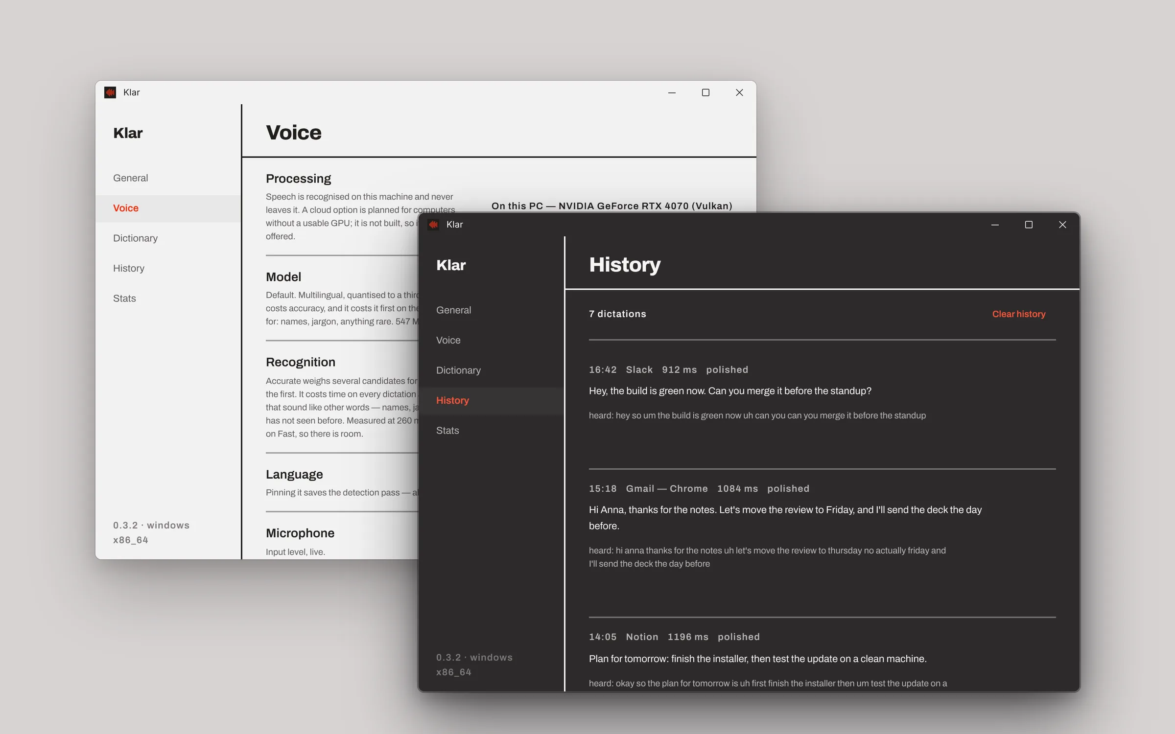 Klar's settings in the light and dark themes
