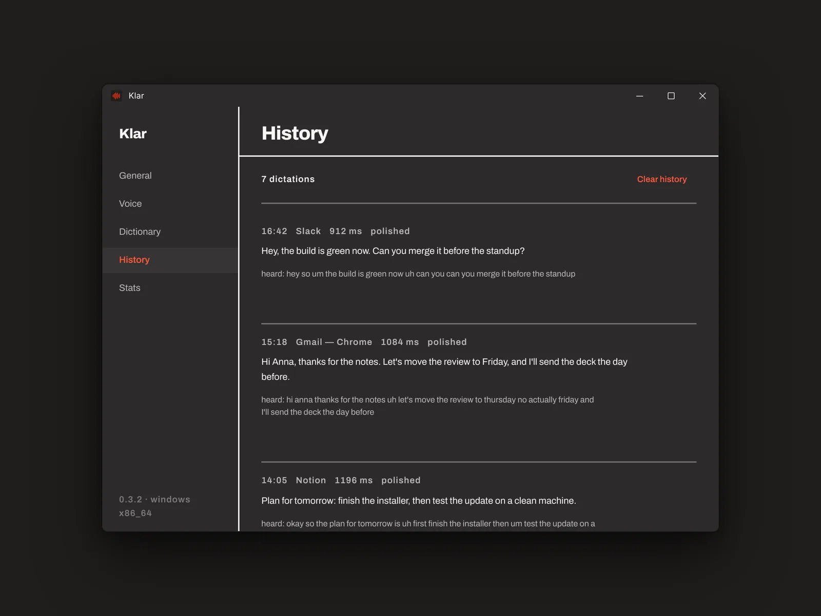 History of dictations, showing what was heard and what was typed
