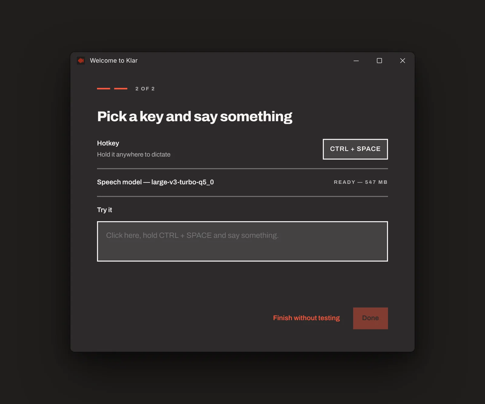 Onboarding step for choosing a hotkey and downloading the speech model